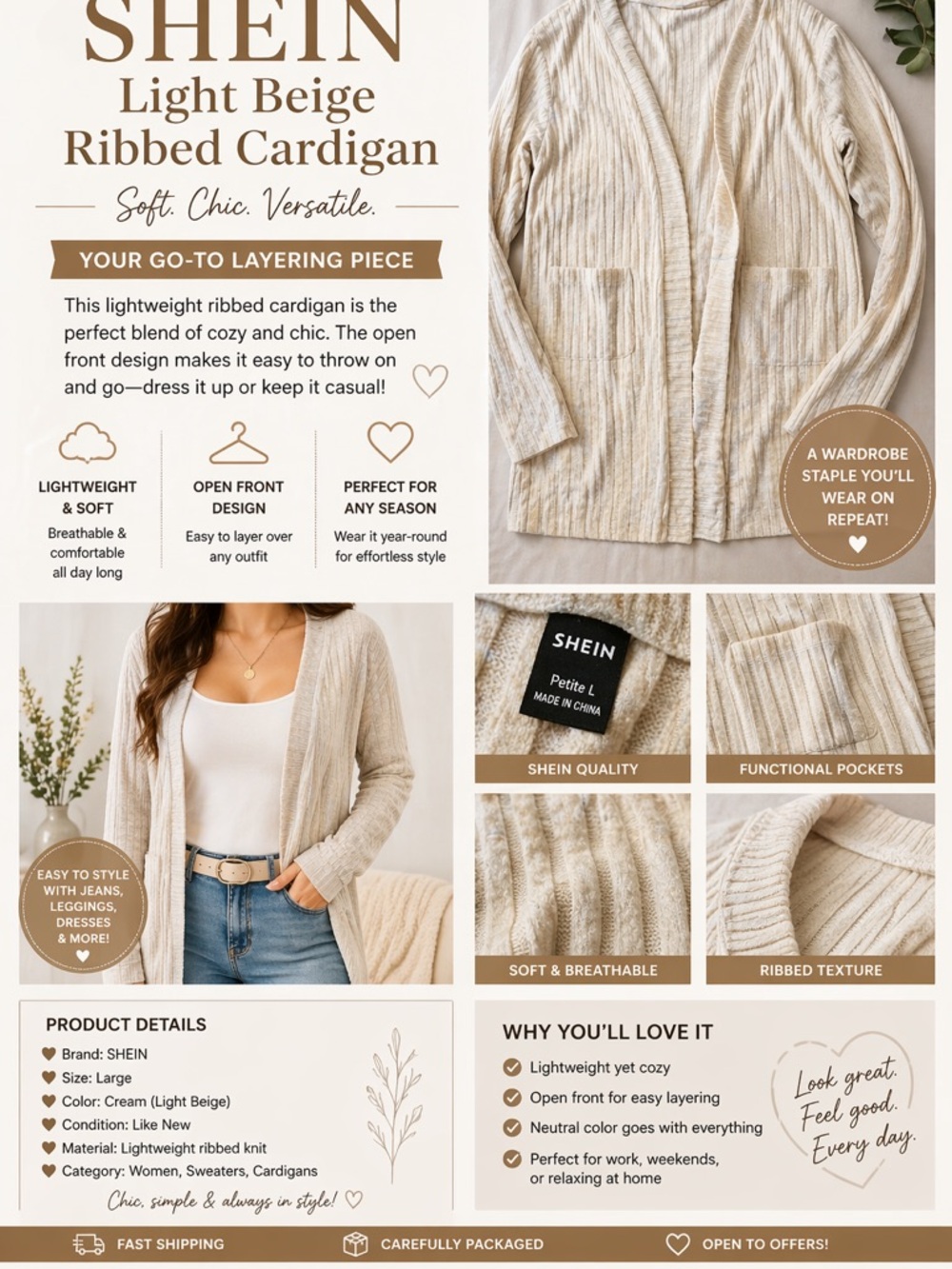 SHEIN Light Beige Ribbed Cardigan